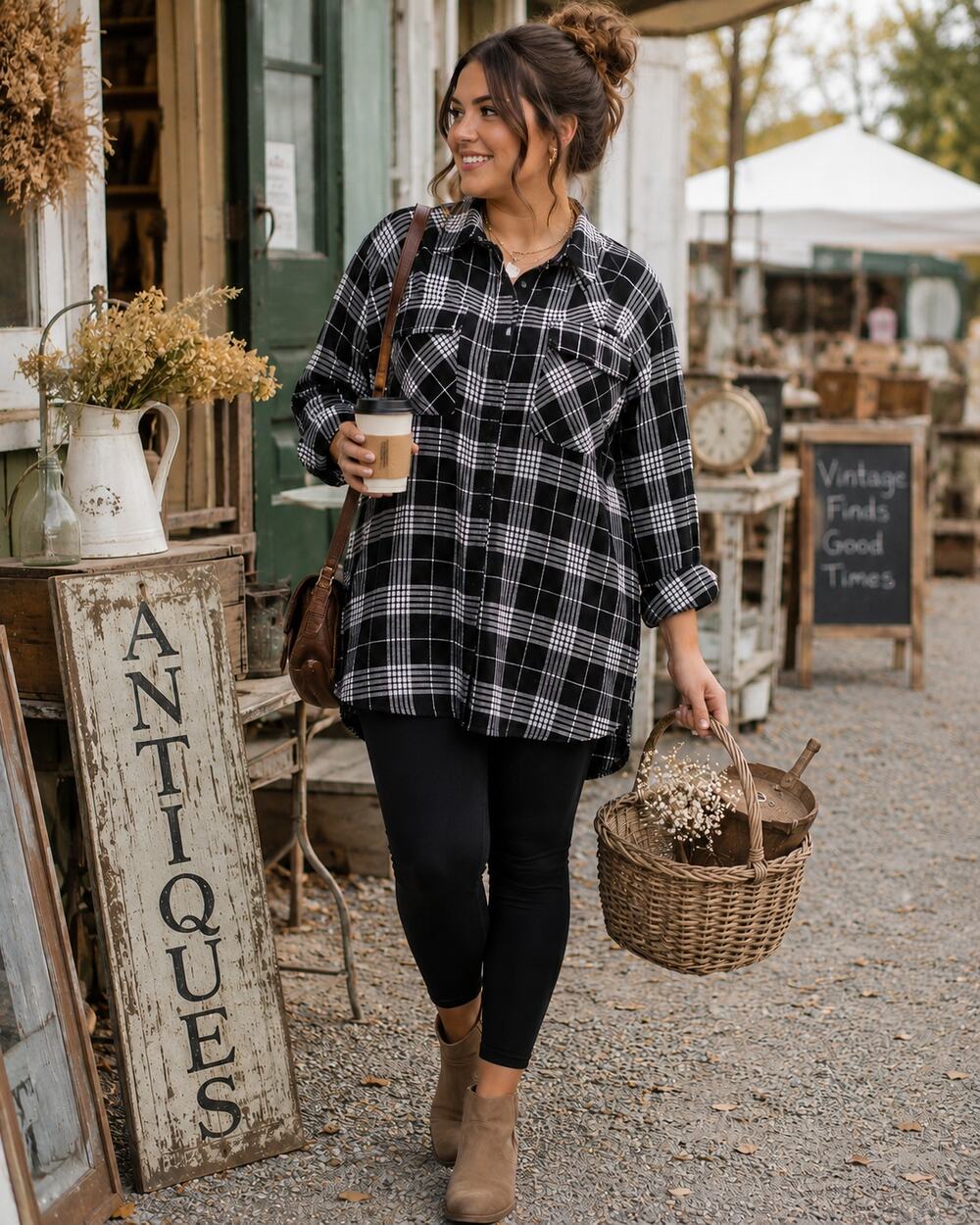 Cato Plus 22/24 Black Plaid Button Front Tunic Shirt Dress NWT Cotton